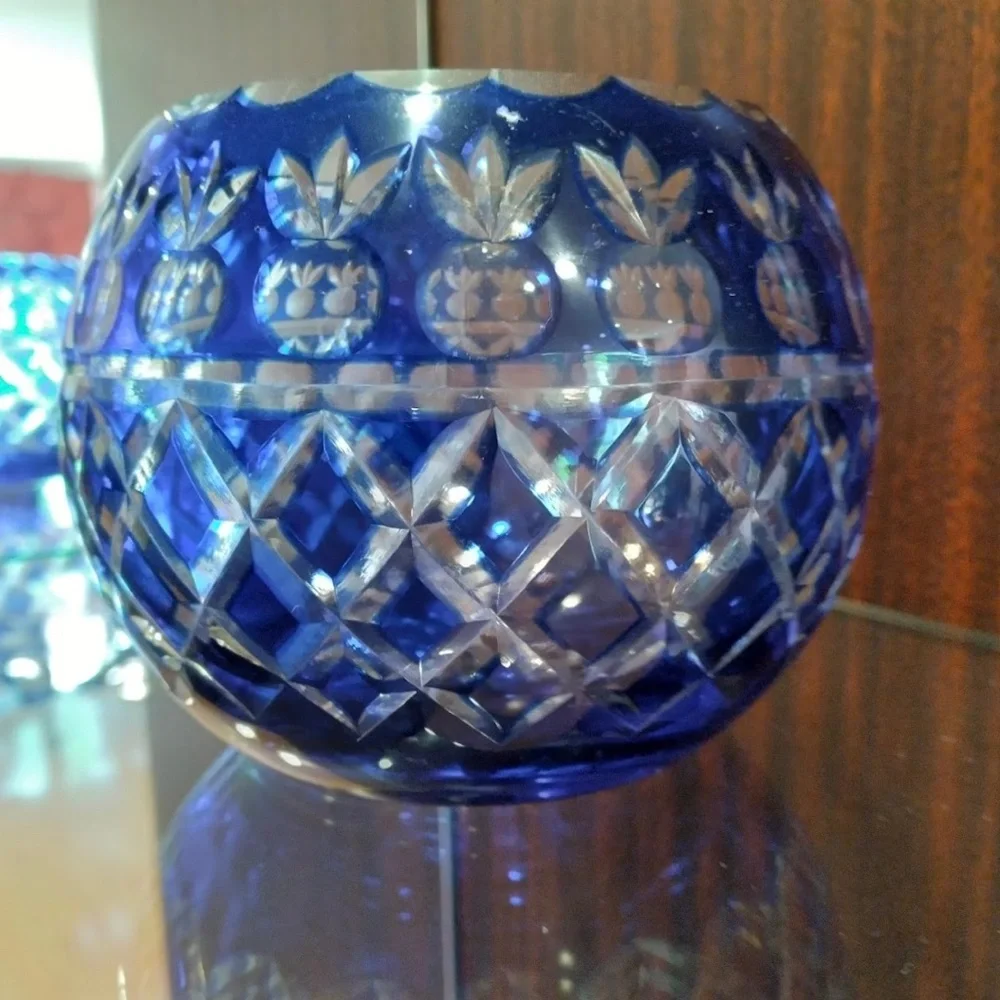 Crystal with Cobalt Blue Overlay and Clear Cut Decor Candle Holder Votive